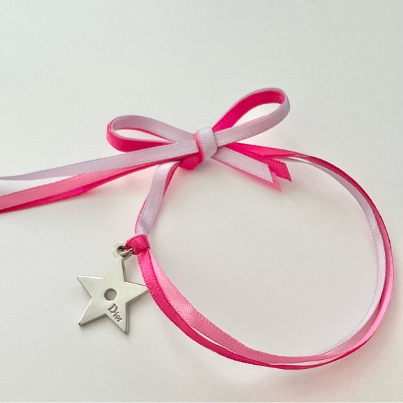 VTG Christian Dior Beauty Pink Ribbon Bow & Star Charm Tie Around Bracelet - Picture 12 of 14